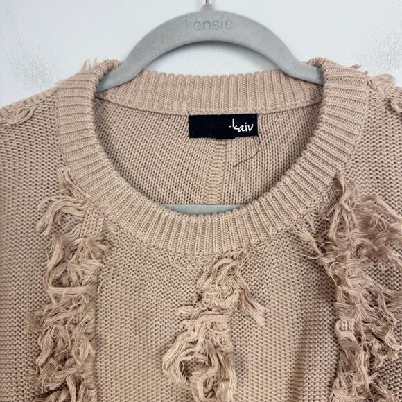 AKAIV | Fuzzy Fringe Tan Boho Style Sweater Women’s Size Medium/Large - Picture 4 of 10